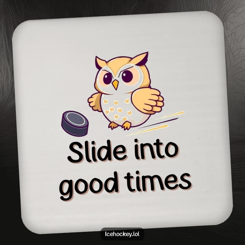 Funny Owl Hockey Drink Coaster, featuring a proud owl sliding with a hockey puck, protecting surfaces with sports humor.