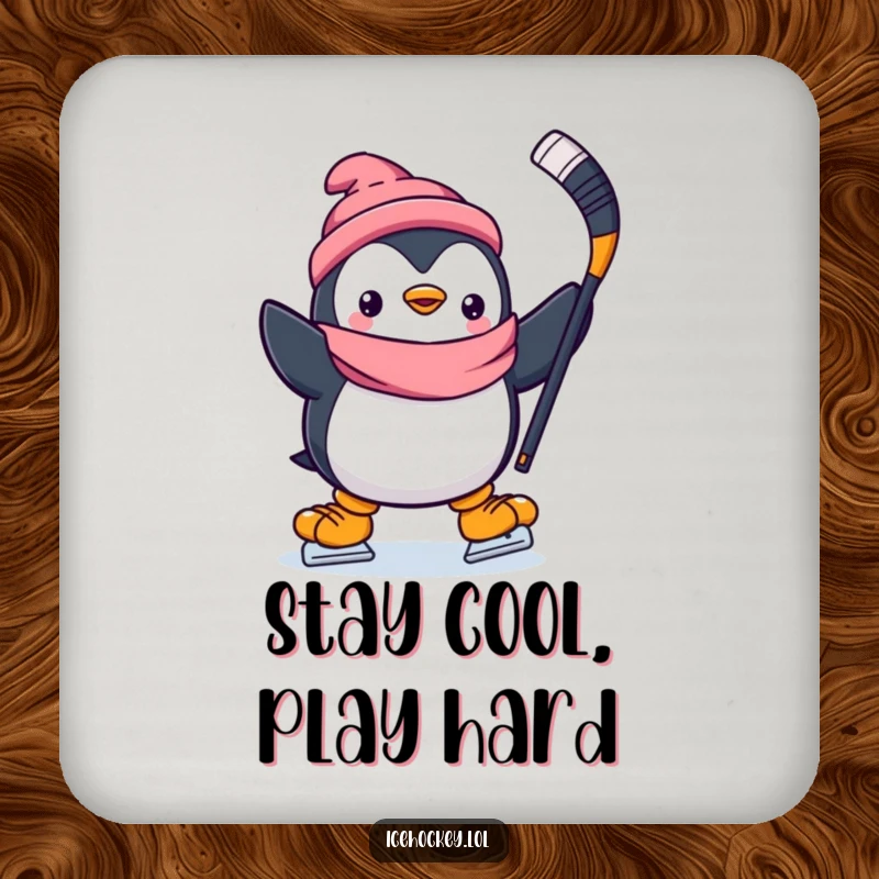 Funny drink coaster featuring a happy penguin skating with a hockey stick held high, adding cheer to any surface.