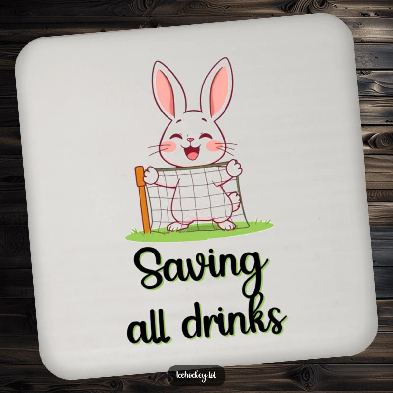 Funny cheerful rabbit defending a miniature net with joy on a drink coaster.
