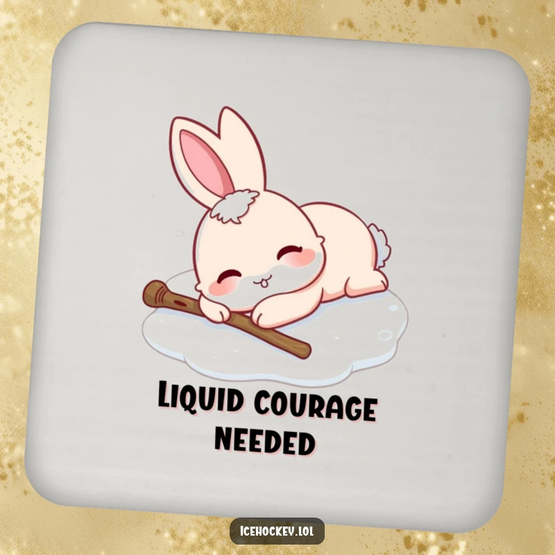 Funny coaster depicting a smiling rabbit sprawled on ice skates, stick beside it. Humorous table protector.