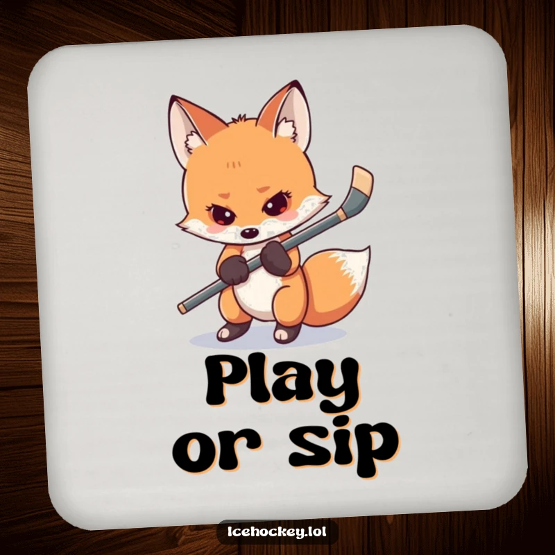 Funny shy fox hockey coaster featuring a nervous fox gripping its hockey stick, protecting surfaces with a humorous and relatable design.