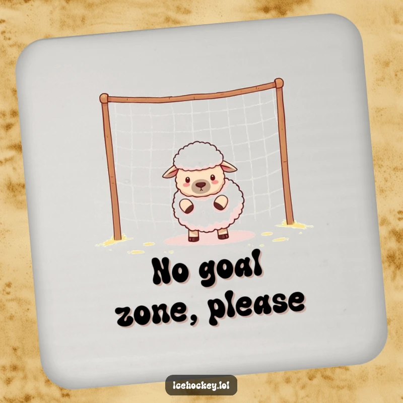 Funny sheep goalie stands guard over an empty net on a drink coaster.