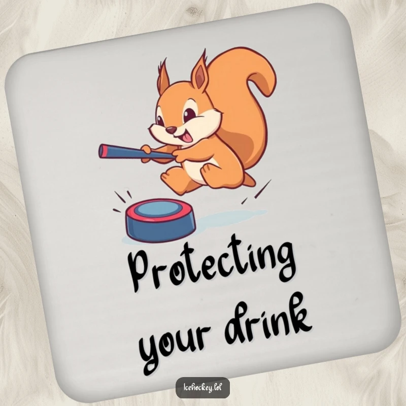 Funny squirrel coaster: a brave squirrel leaping to block a phantom puck, adding humor to drink protection.