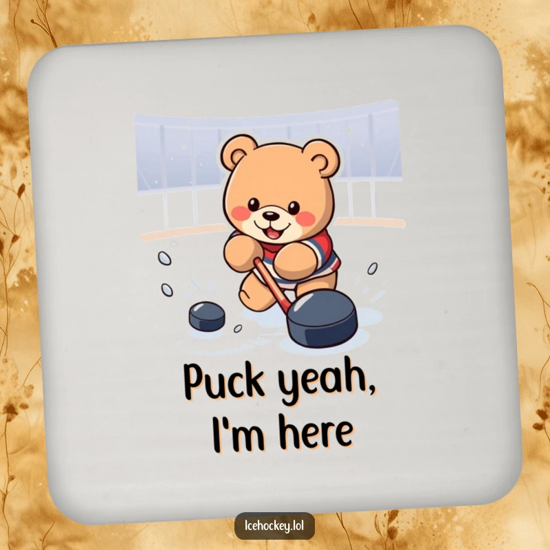 Funny Drink Coaster featuring a determined bear powerfully shooting a hockey puck, perfect for protecting surfaces with humor.