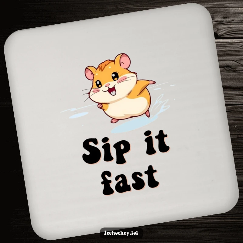 Funny Hamster Ice Coaster: A smiling hamster races fast across the ice, offering a humorous and protective surface for drinks.