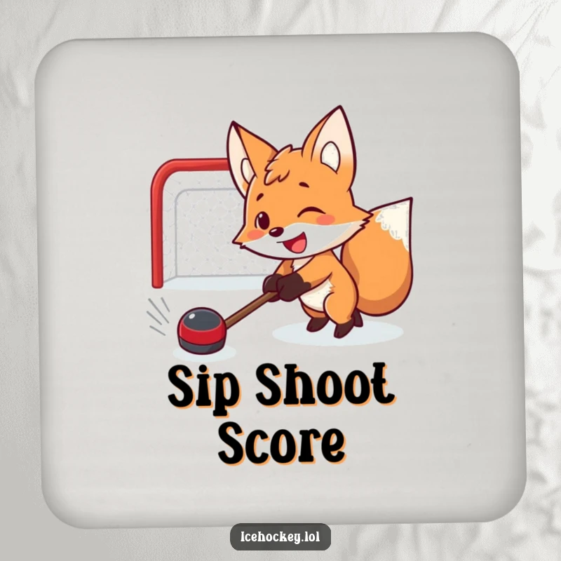 Funny drink coaster featuring a determined smiling fox shooting a hockey puck, adding humor to any surface.