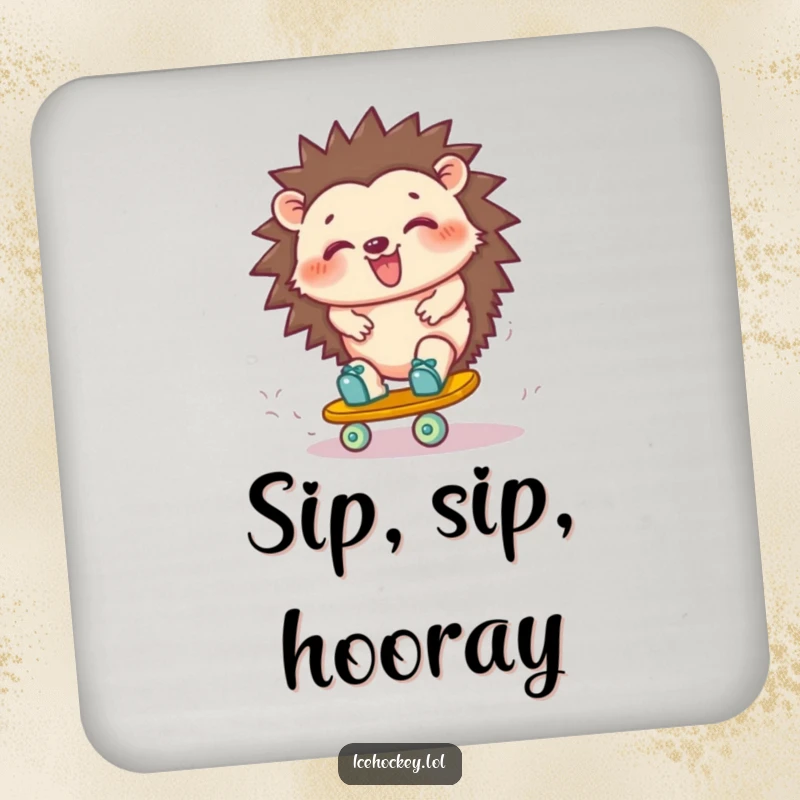 Funny hedgehog coaster: a giggling hedgehog wobbling on roller skates, adding a humorous touch to drink protection.