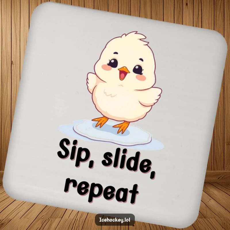Funny Coasters (4-pack) featuring a fluffy chick sliding on ice with glee, protecting surfaces with a cheerful design.