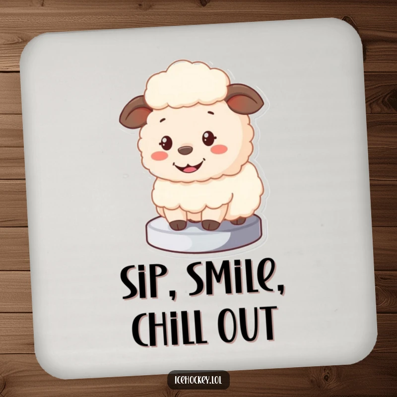 Funny Sheep Coaster featuring a fluffy cartoon sheep blocking a puck with a big smile, protecting surfaces with humor.