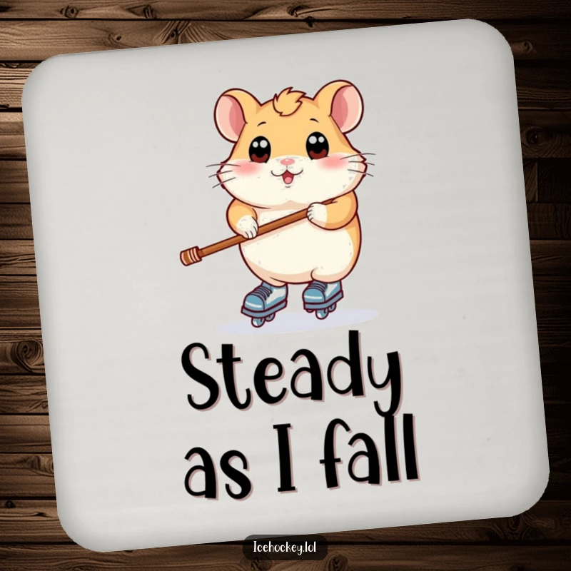 Funny drink coaster with a plump hamster, wide eyes, balancing on skates and holding a stick, bringing humorous charm.