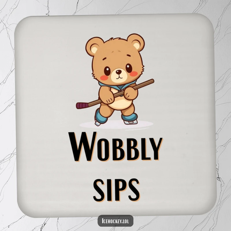 Funny drink coaster depicting a curious bear cub hilariously attempting to skate with an oversized hockey stick.