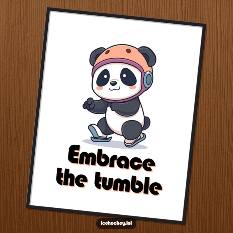 Funny panda poster: a cute panda wearing a helmet, comically tripping on roller skates, creating a scene of delightful mishap.
