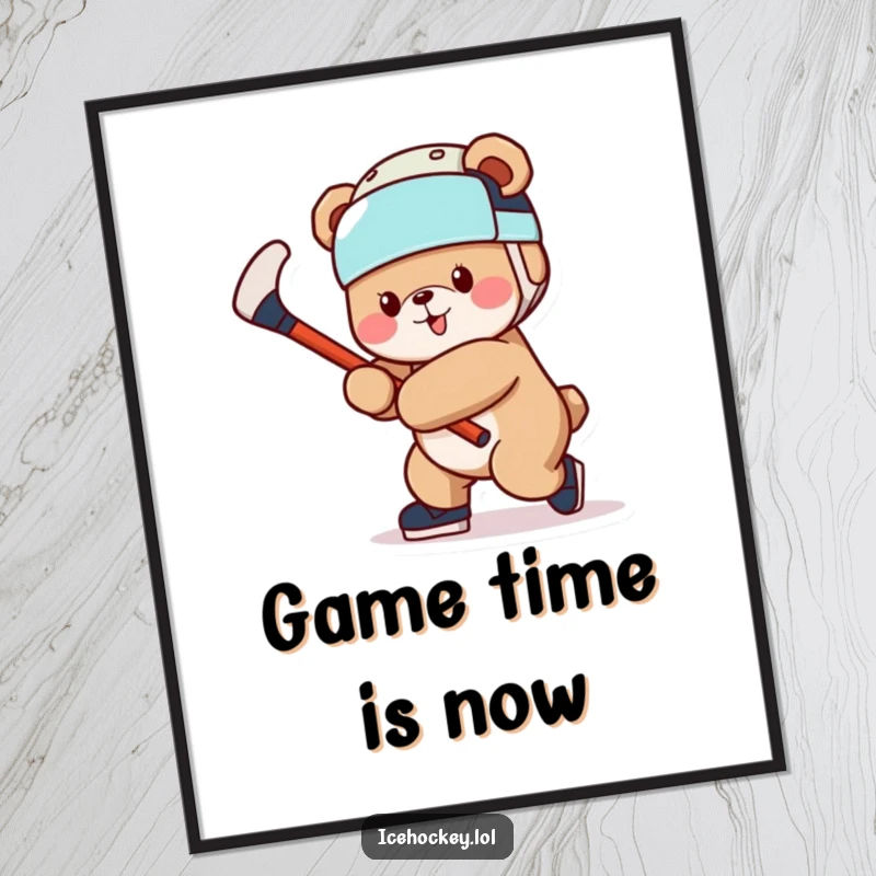 Funny Bear Poster: A vibrant illustration of a cheerful bear wearing a helmet and swinging a hockey stick with gusto.