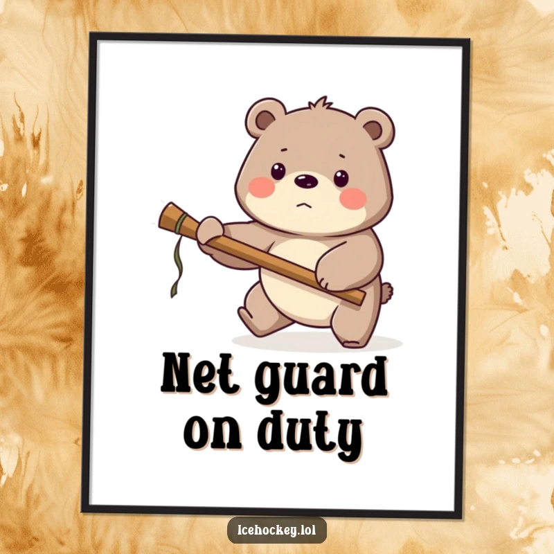 Funny Bear Hockey Poster: A proud bear guards the net with a large stick, bringing a humorous and spirited element to wall decor.