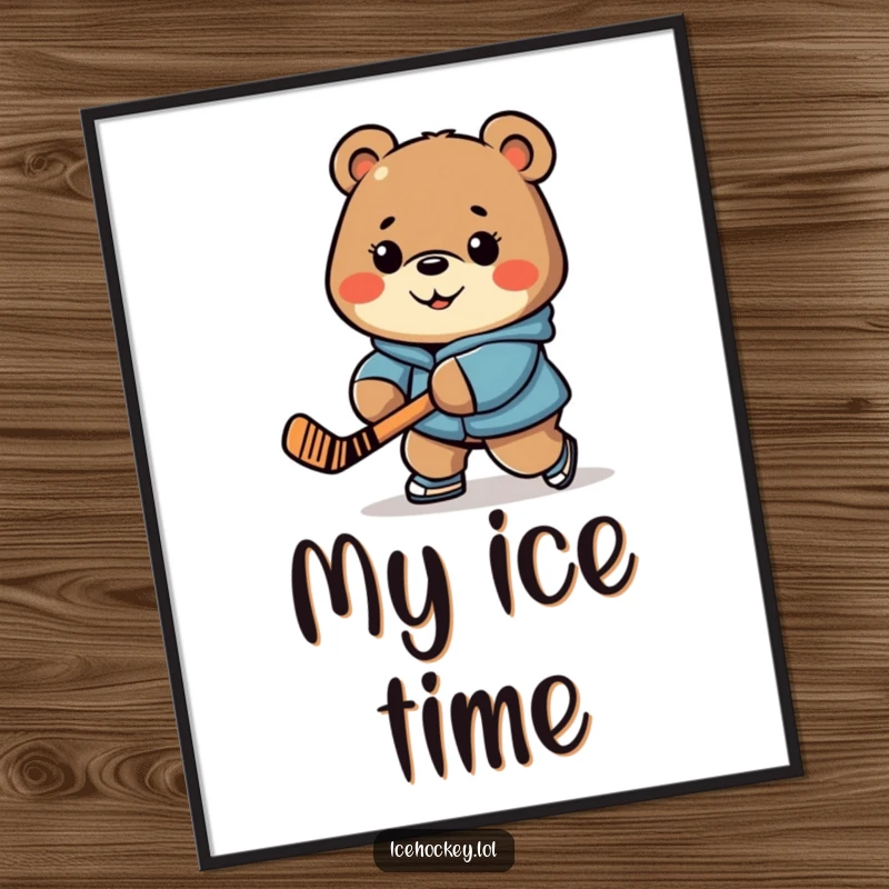Funny poster art of a cheerful bear with a determined expression, masterfully stick-handling a hockey puck.