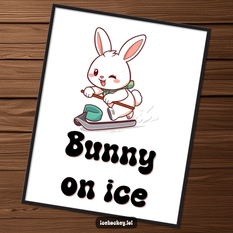 Funny poster of a determined, smiling bunny gliding swiftly on ice with a hockey puck, capturing the spirit of the game.