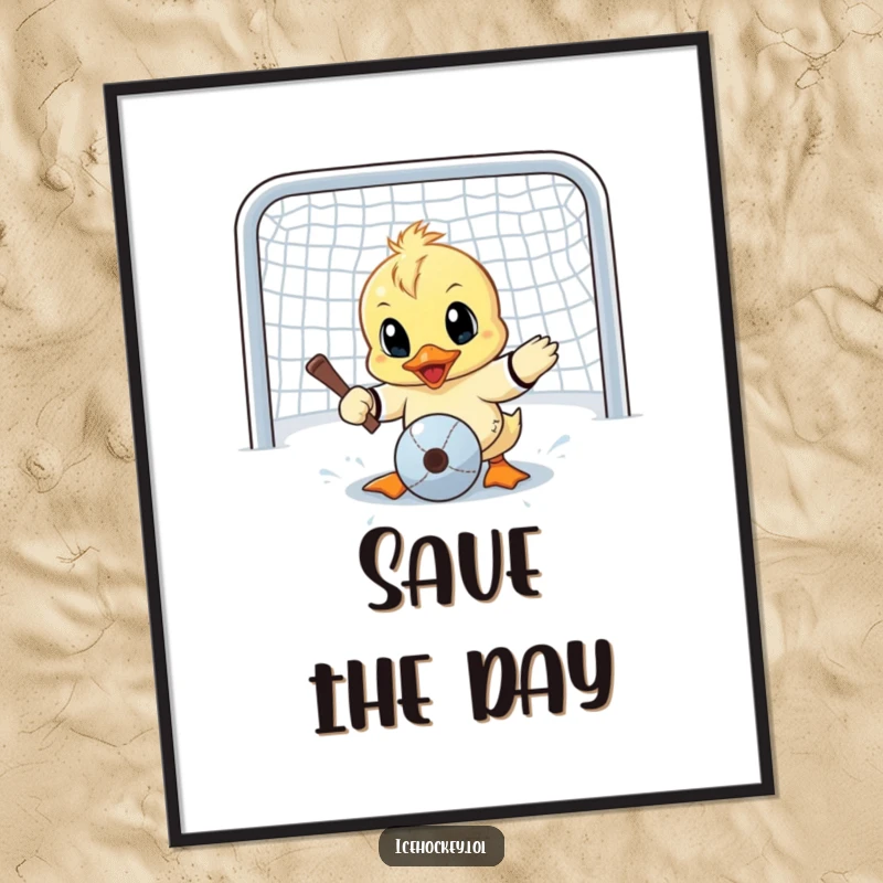 Funny poster of a little duck attempting a goalie save, eyes comically wide with humorous focus and dedication.