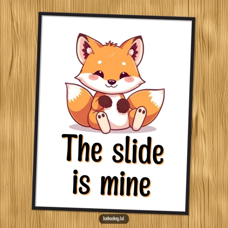 Funny poster art of a playful fox in tiny hockey pads, mid-slide into a comical and charming pose.