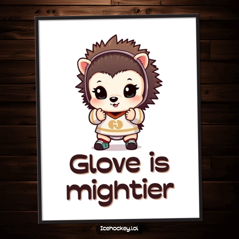Funny poster of a tiny hedgehog in a goalie outfit, hands up, looking adorable and determined to make a save.