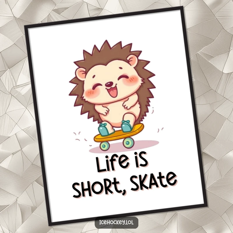 Funny hedgehog poster: a gleeful hedgehog on roller skates, giggling while attempting a shaky turn, creating a comical and heartwarming scene.