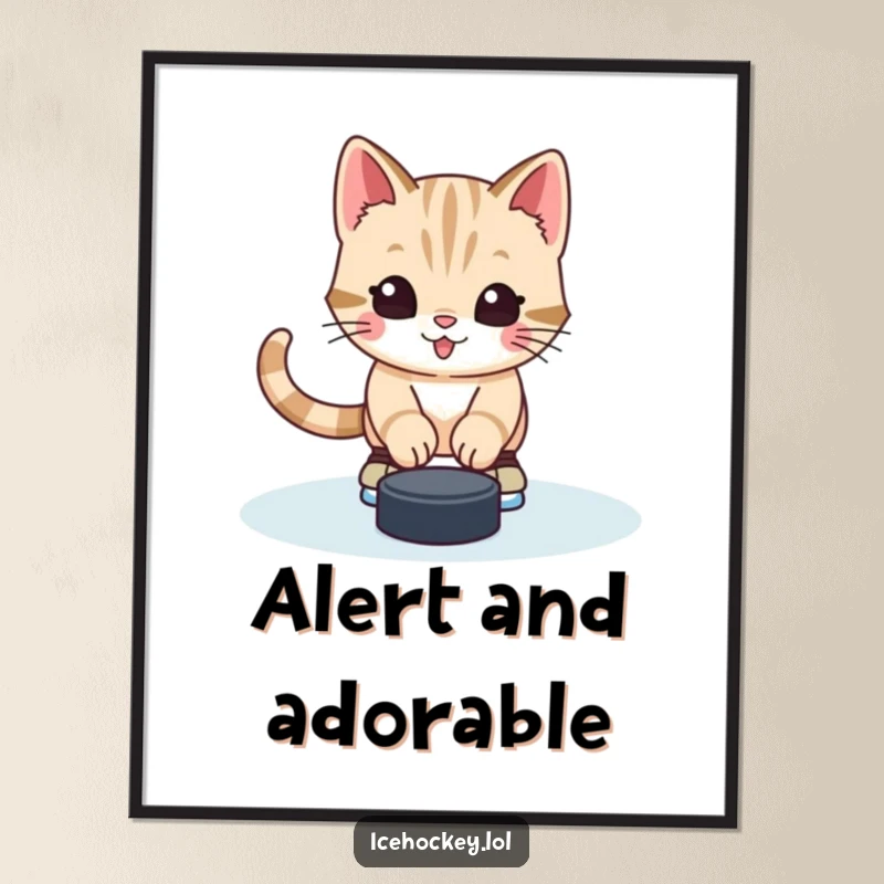 Funny poster art of a happy, alert kitten in skates, blocking a hockey puck with adorable goalie prowess and charm.