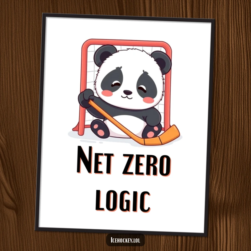 Funny poster depicting a contented panda cub looking confused by a hockey net, exuding gentle curiosity.