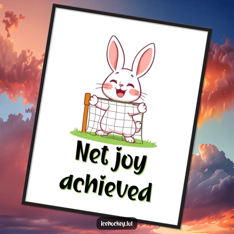 Funny cheerful rabbit defending a small net with joy, presented as a vibrant sports-themed poster.