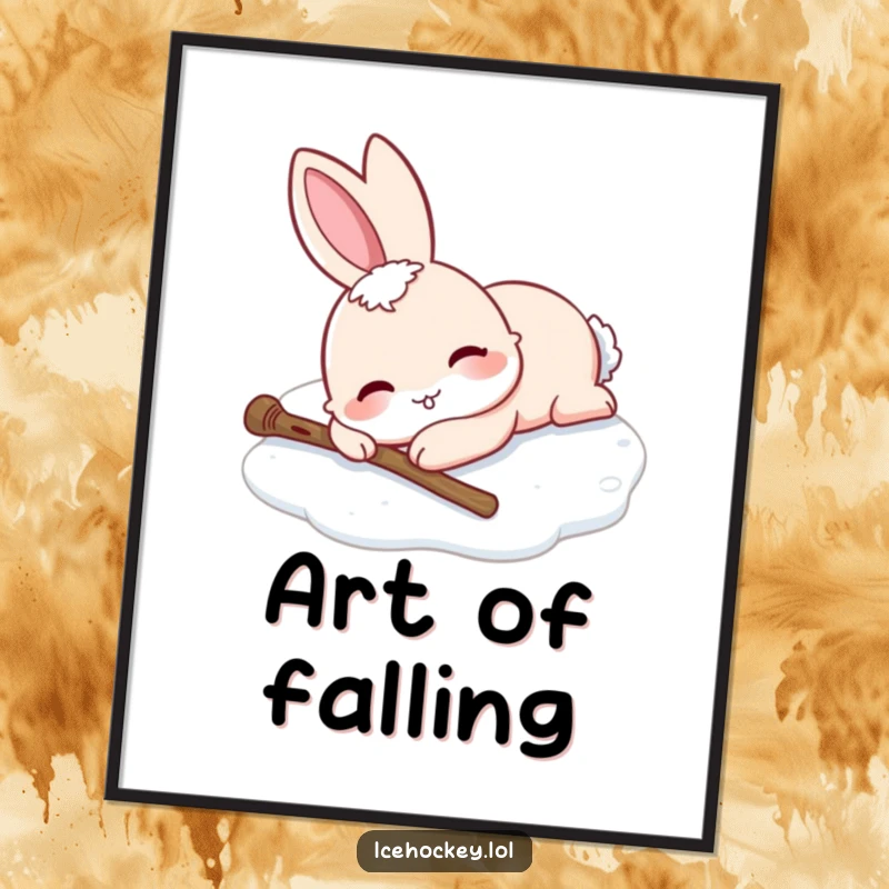 Funny poster of a smiling rabbit lying fallen on ice skates, stick beside it. Humorous wall art.
