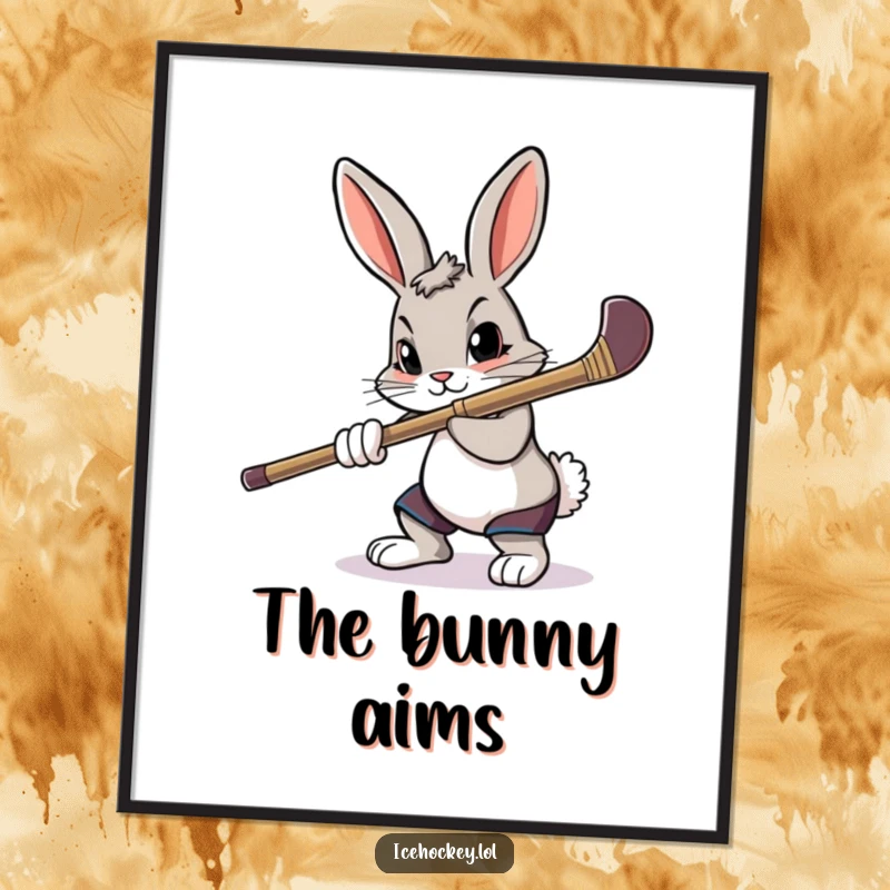 Funny poster art of a determined rabbit with laser-like focus, aiming a hockey stick.