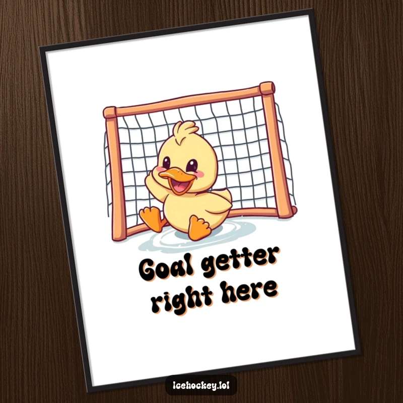 Funny duck poster: a gleeful duck with a wide grin sliding towards a hockey net, celebrating a triumphant moment with playful energy.