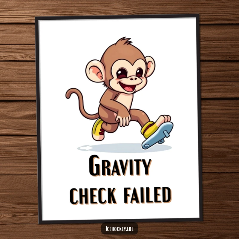 Funny poster of a mischievous monkey tripping over its skates while ice skating. Humorous wall art.