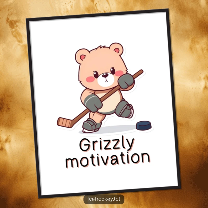 Funny poster: A powerful bear charges across the ice, hockey stick gripped, puck close, embodying raw determination.