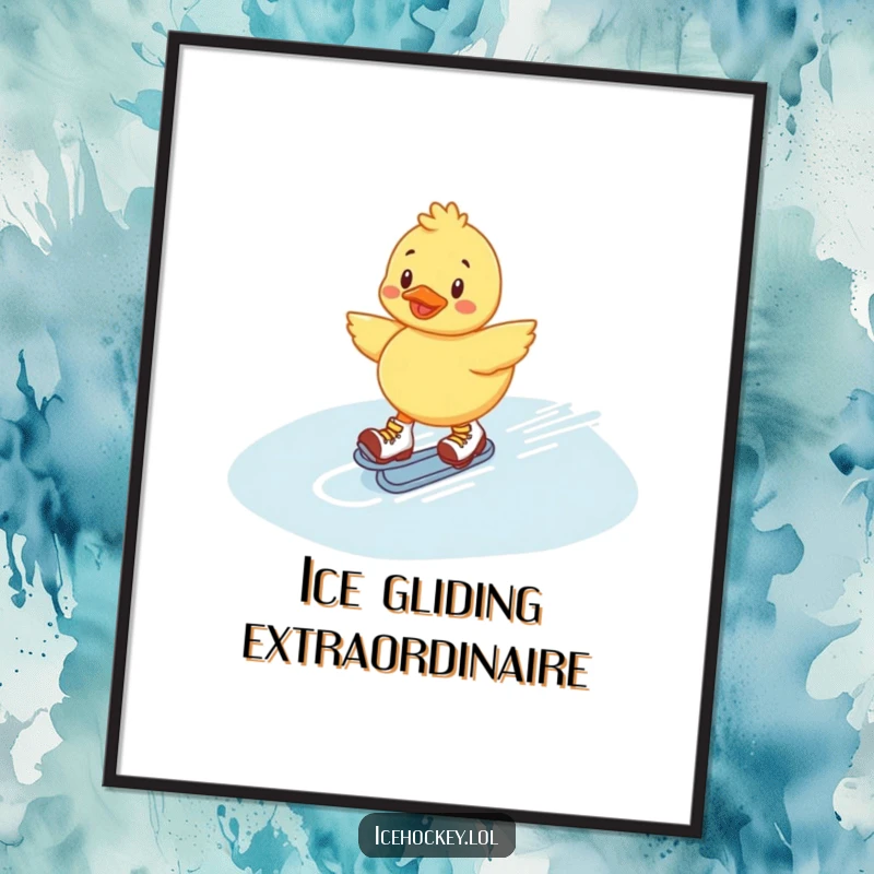Funny Duckling Poster: Cheerful duckling depicted mid-slide on roller skates across ice, embodying speed and playful delight.