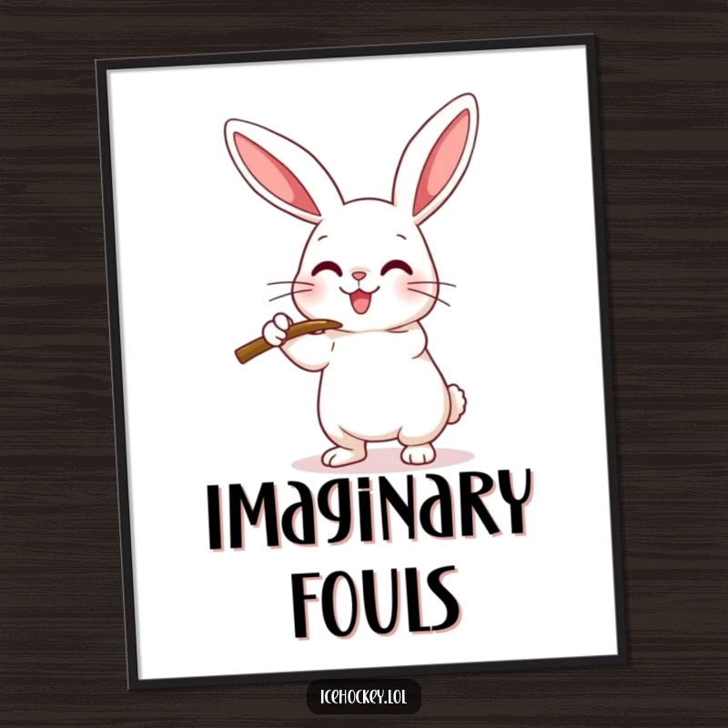 Funny Poster depicting a happy rabbit using its hockey stick to check an imaginary opponent, showcasing playful aggression and humor.