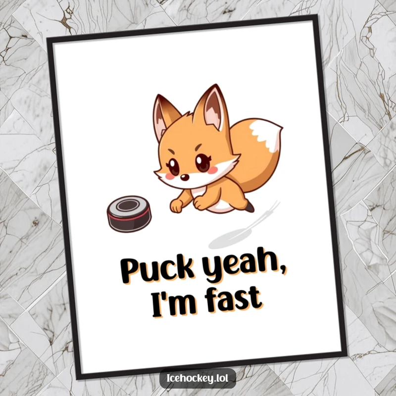 Funny poster art of a fox skating at lightning speed, comically chasing a hockey puck with an excited, determined look.