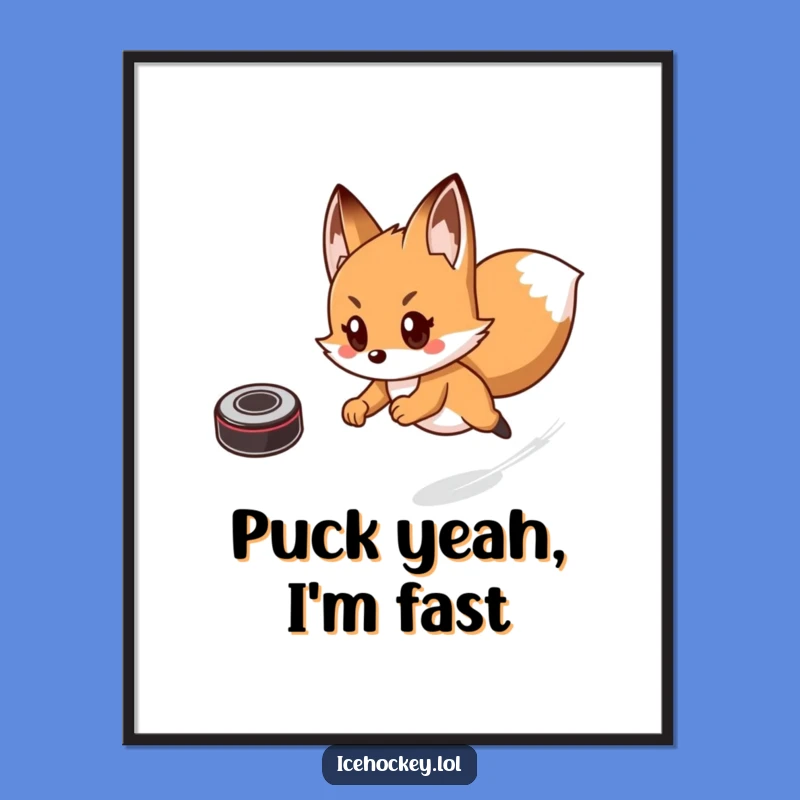 Funny Fox Hockey Poster: Playful Arctic Fox Skating Fast - Vibrant Funny Wall Art Gift