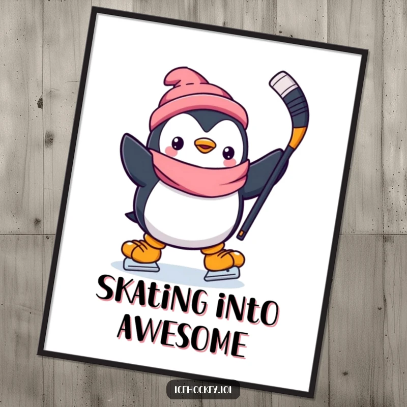 Funny poster art of a jubilant penguin skating with a hockey stick raised high, embodying the spirit of play.