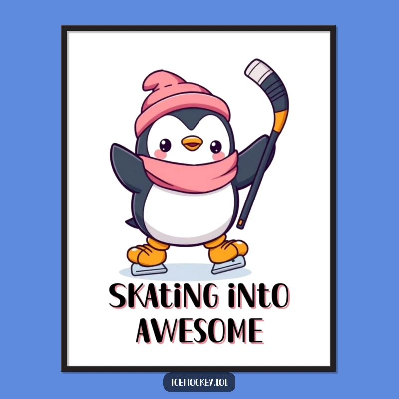 Funny Penguin Hockey Poster: Happy Skater Ready to Score - Vibrant Funny Wall Art Gift