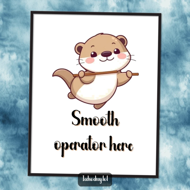 Funny Poster print of a playful otter gliding smoothly, stick in tow, with a wide grin, captured in a charming illustration.