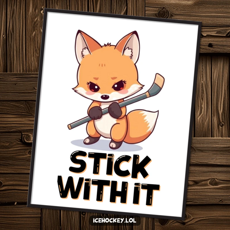 Funny shy fox hockey poster featuring a nervous fox gripping its hockey stick, capturing relatable game-day tension, perfect for sports-themed decor.