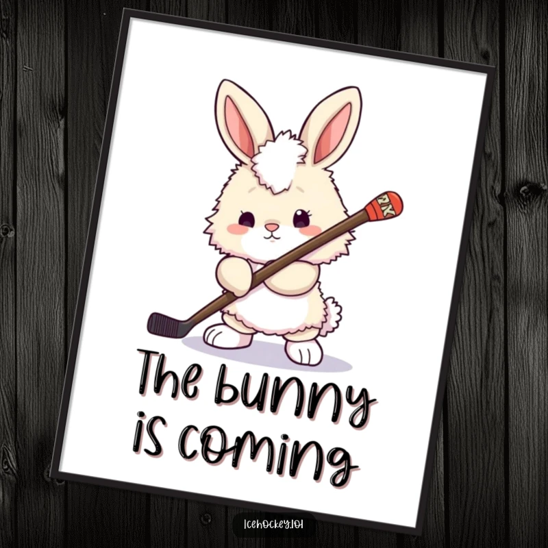 Funny bunny poster: a fluffy bunny holding a hockey stick, looking ready to play, creating a scene of adorable determination.