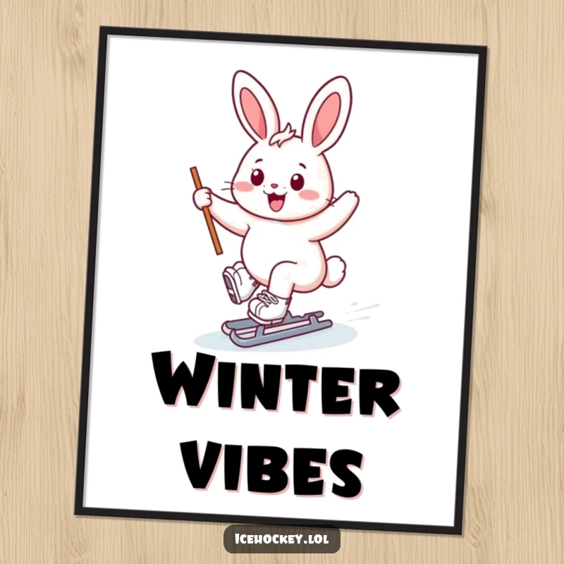 Funny bunny ice skater poster, cheerful bunny gliding on skates, stick held high, smiling, joyful winter art.