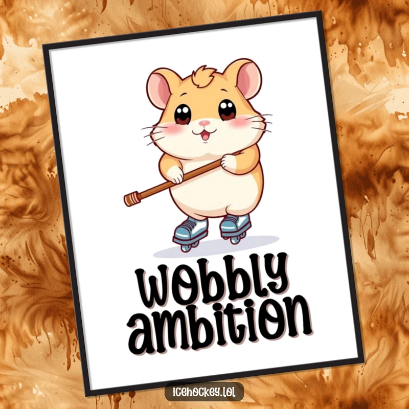 Funny poster depicting a plump hamster with wide eyes trying to balance on skates while holding a hockey stick, full of determination.