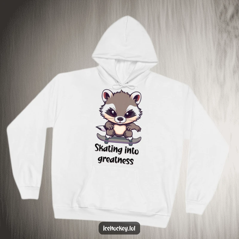 Funny badger hoodie with a brave badger intensely focused on ice skating, exuding a humorous sense of determination.