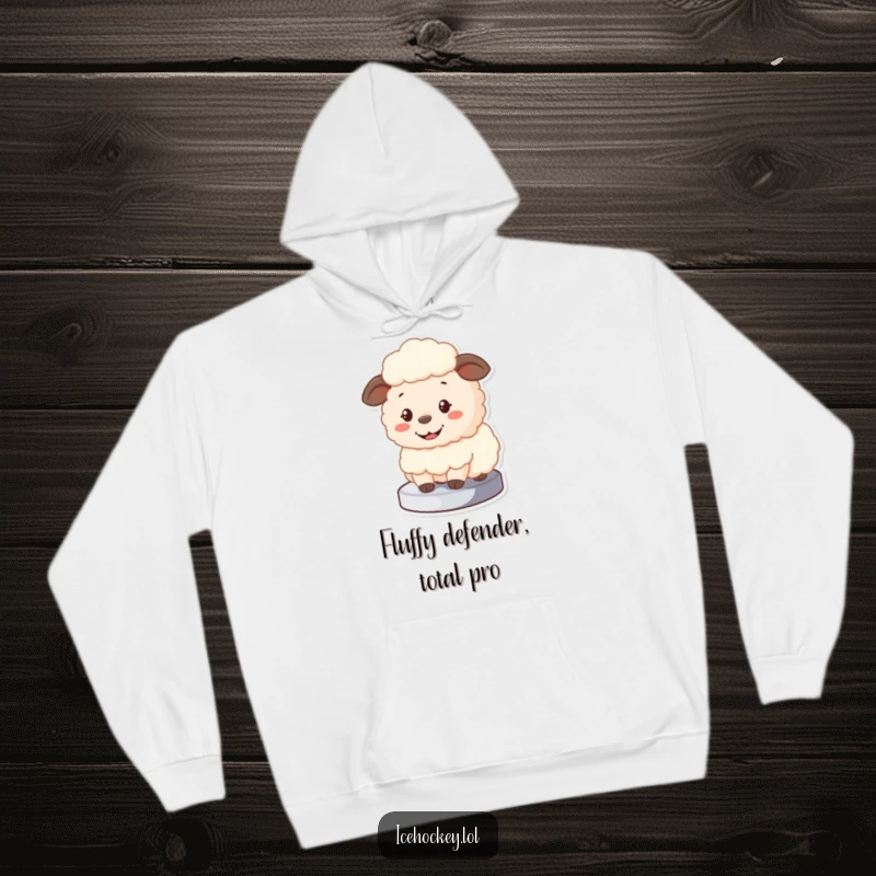 Funny Sheep Hoodie featuring a fluffy cartoon sheep blocking a puck with a big smile, perfect for staying warm and stylish.