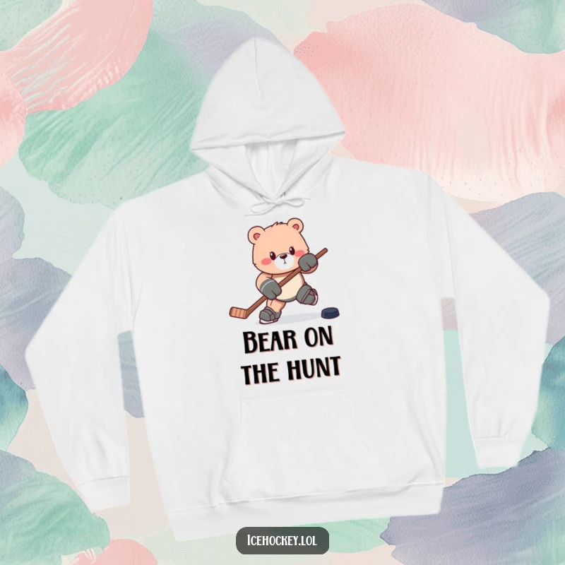 Funny hoodie: A determined bear charges forward with its hockey stick, puck in tow, exuding powerful, wild energy.