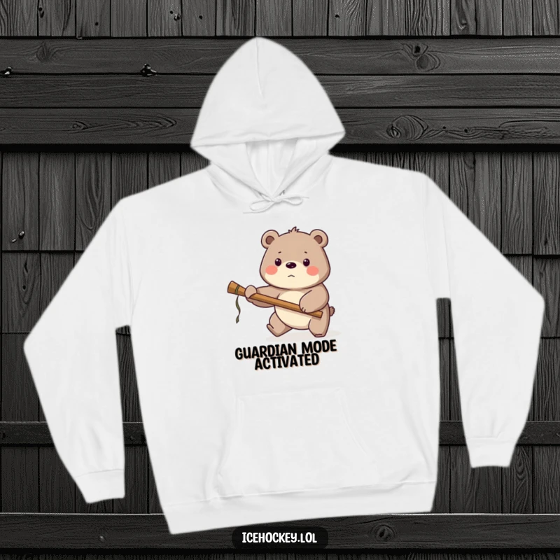Funny Bear Hockey Hoodie: A proud bear guards the net with a large stick, offering warmth and a humorous touch for hockey fans.