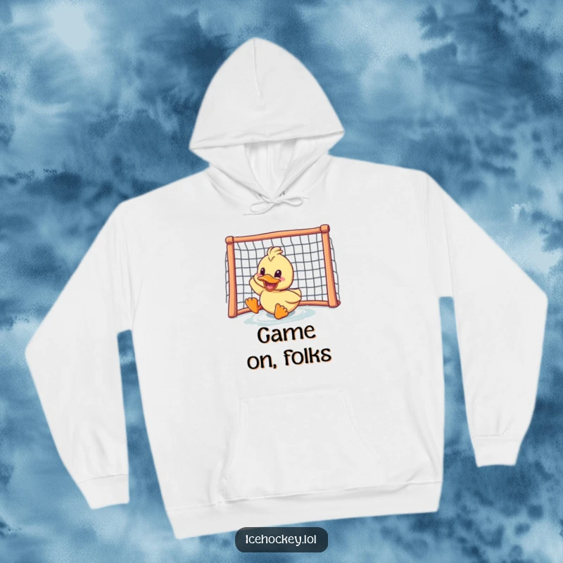 Funny duck hoodie: a happy duck with a big grin sliding towards a hockey net, illustrating a moment of intense, joyful competition.
