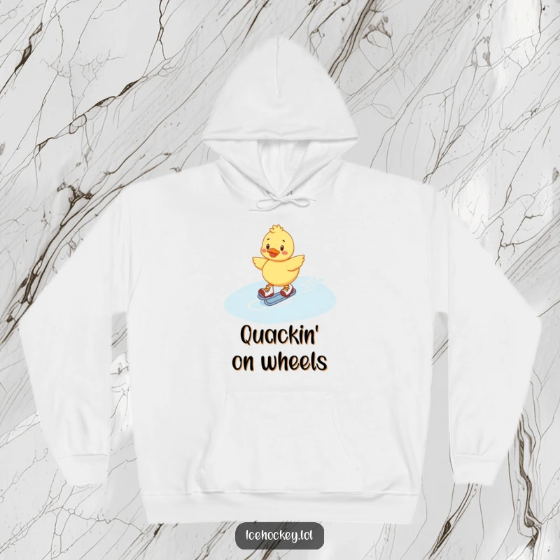 Funny Duckling Hoodie: Cheerful duckling sliding across ice on roller skates, radiating warmth and playful energy.