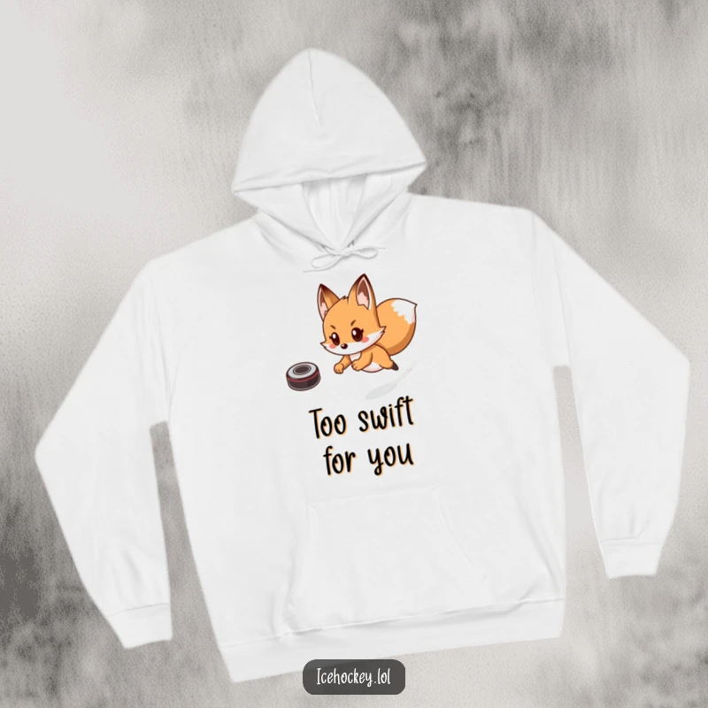 Funny hoodie with a dynamic illustration of a fox comically fast, skating after a hockey puck with determination and joy.